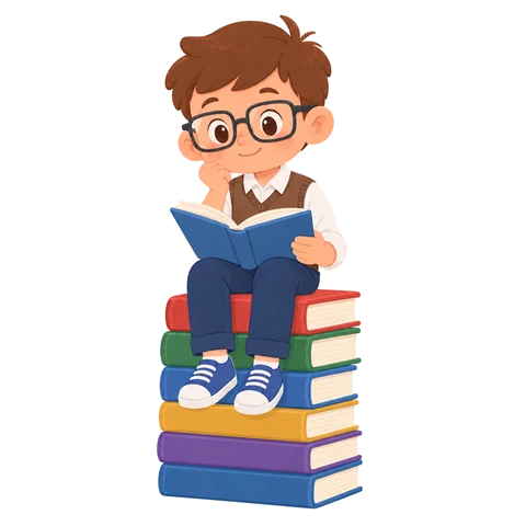 Момче с очила чете върху купчина книги